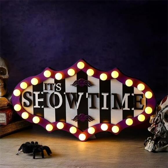 Halloween Door Sign Light Sign Decoration It's Showtime with LED Lights Wooden - Picture 7 of 7